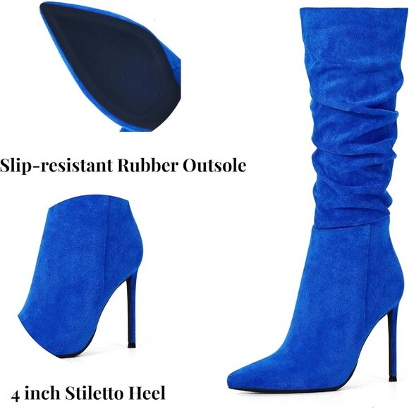 Women's Royal-Blue Suede Knee High Side Zipper Pointed Toe Stylish Dress Boot - Picture 3 of 6